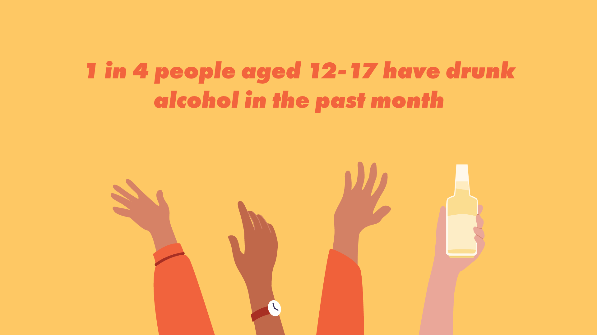 hands raised in the air with the text '1 in 4 people aged 12 - 17 have drunk alcohol in the past month'