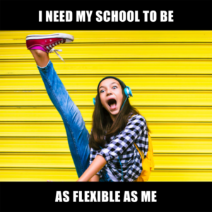 girl with leg in the air with the caption 'i need my school to be as flexible as me'